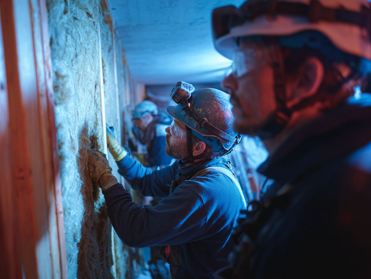 Crew installing dense insulation within wall cavities during a soundproofing project.